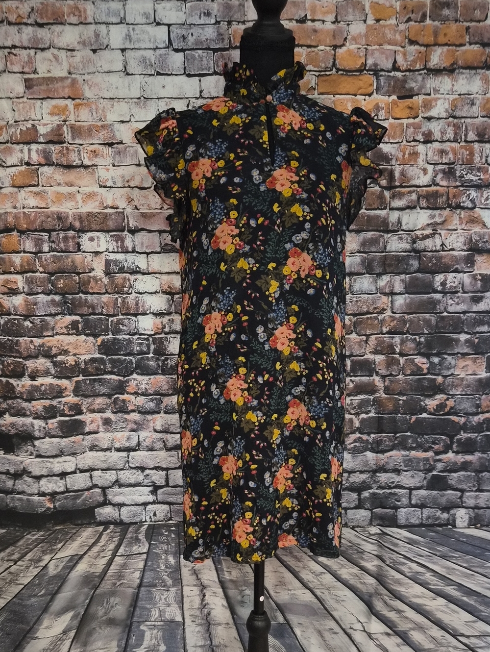 Madewell Black Floral Midi Dress with Pink and Yellow Blooms